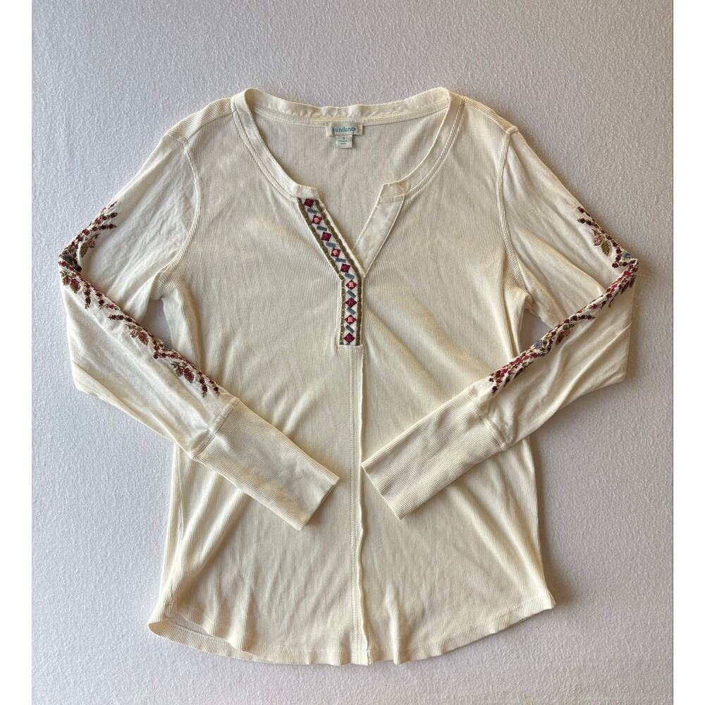 Sundance Thermal Henley Long Sleeve Top Women’s Small Embroidered Boho Cream